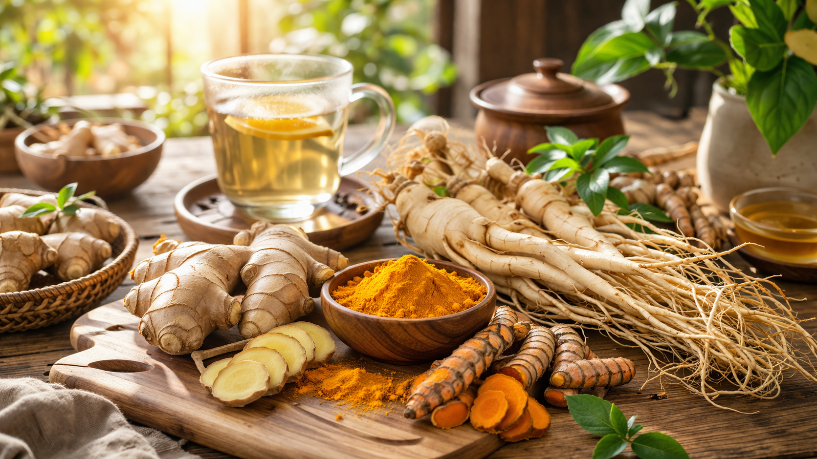 natural herbal ingredients including ginger root, turmeric powder, and ginseng arranged on a wooden table with morning sunlight, warm and inviting atmosphere, healthy lifestyle concept
