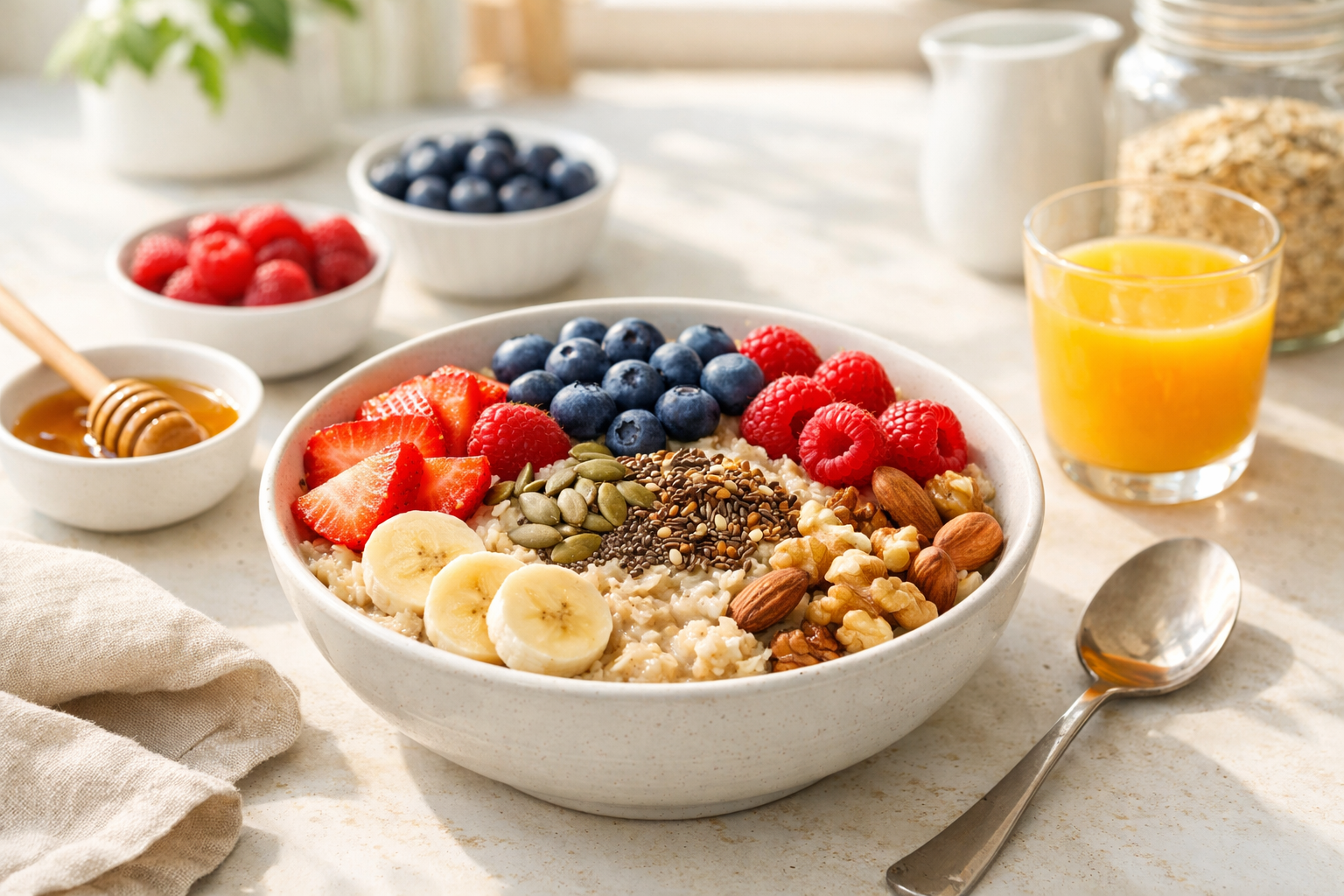 healthy breakfast bowl with oatmeal, fresh berries, nuts and seeds on a bright kitchen counter, morning natural light, nutritious and energizing meal concept